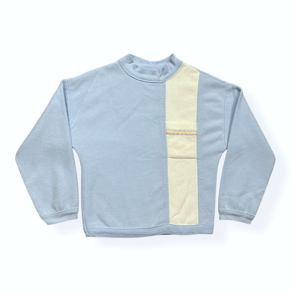 VTG 70s Pastel Blue Cropped Mock Neck Sweater Top with Rainbow Stripe Pocket